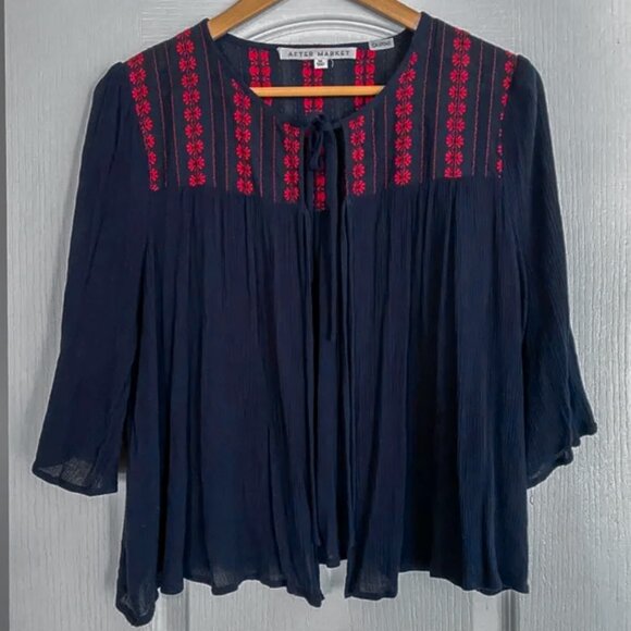 After Market - Navy Crepe Blouse with Red Floral Embroidery - Picture 3 of 10